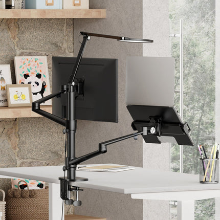 WERGON - Echo - Justerbar Dual holder med LED lampe - Til en Laptop 11-17" + en Monitor skærm Max 32" - Sort