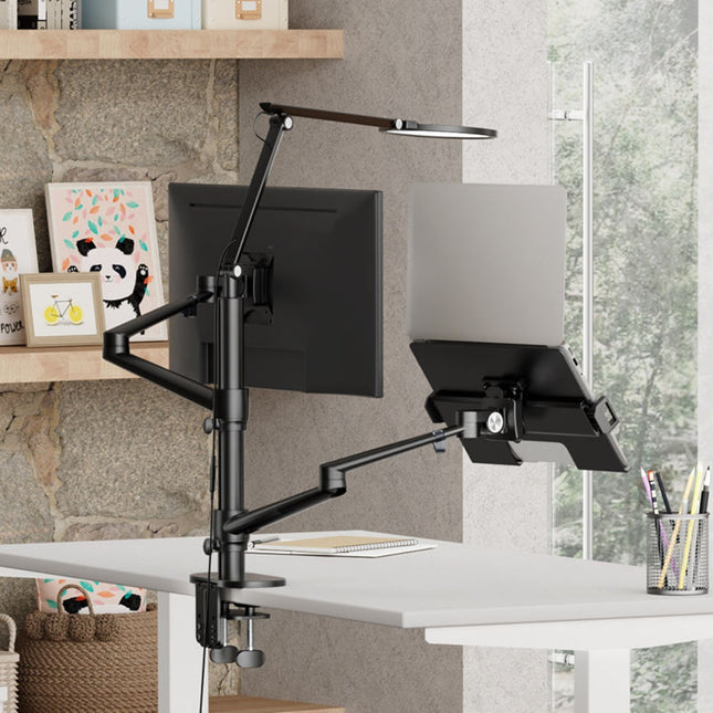 WERGON - Echo - Justerbar Dual holder med LED lampe - Til en Laptop 11-17" + en Monitor skærm Max 32" - Sort