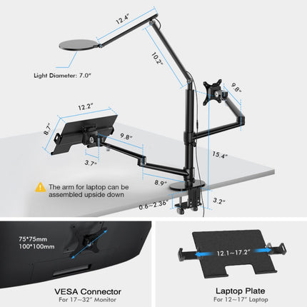 WERGON - Echo - Justerbar Dual holder med LED lampe - Til en Laptop 11-17" + en Monitor skærm Max 32" - Sort