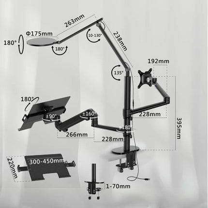 WERGON - Echo - Justerbar Dual holder med LED lampe - Til en Laptop 11-17" + en Monitor skærm Max 32" - Sort
