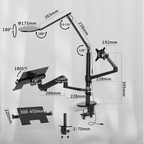 WERGON - Echo - Justerbar Dual holder med LED lampe - Til en Laptop 11-17" + en Monitor skærm Max 32" - Sort