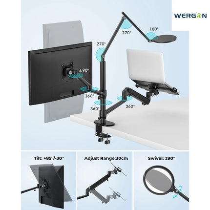 WERGON - Echo - Justerbar Dual holder med LED lampe - Til en Laptop 11-17" + en Monitor skærm Max 32" - Sort