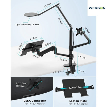 WERGON - Echo - Justerbar Dual holder med LED lampe - Til en Laptop 11-17" + en Monitor skærm Max 32" - Sort