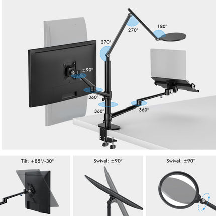 WERGON - Echo - Justerbar Dual holder med LED lampe - Til en Laptop 11-17" + en Monitor skærm Max 32" - Sort