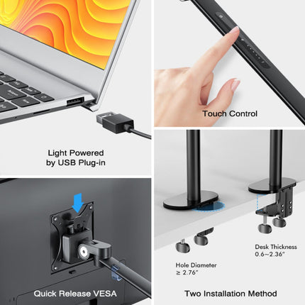 WERGON - Echo - Justerbar Dual holder med LED lampe - Til en Laptop 11-17" + en Monitor skærm Max 32" - Sort