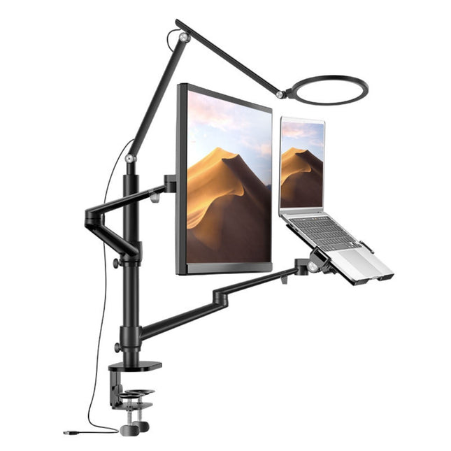 WERGON - Echo - Justerbar Dual holder med LED lampe - Til en Laptop 11-17" + en Monitor skærm Max 32" - Sort