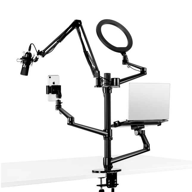 WERGON - Astra - Justerbar 5-i-1 holder med LED ringlys - Til Laptop/tablet/smartphone 4-17" + en Monitor skærm Max 32" - Sølv
