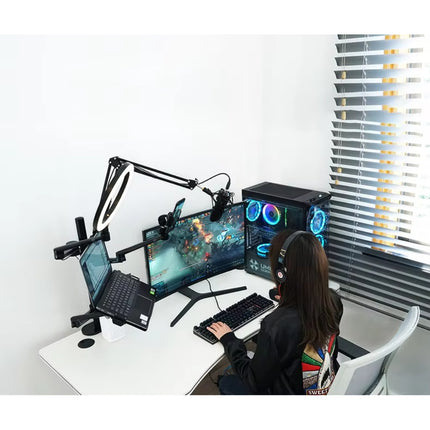 WERGON - Astra - Justerbar 5-i-1 holder med LED ringlys - Til Laptop/tablet/smartphone 4-17" + en Monitor skærm Max 32" - Sølv
