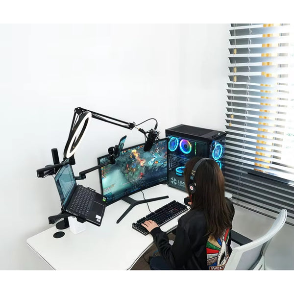 WERGON - Astra - Justerbar 5-i-1 holder med LED ringlys - Til Laptop/tablet/smartphone 4-17" + en Monitor skærm Max 32" - Sølv