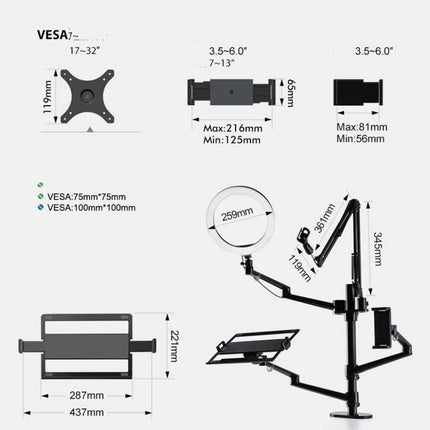 WERGON - Astra - Justerbar 5-i-1 holder med LED ringlys - Til Laptop/tablet/smartphone 4-17" + en Monitor skærm Max 32" - Sølv
