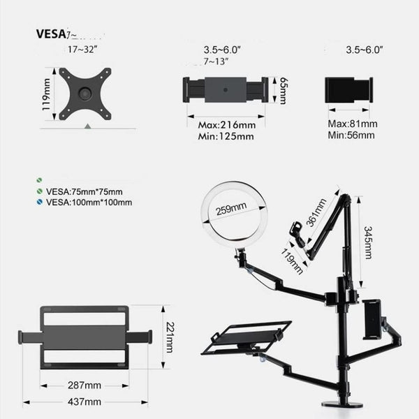 WERGON - Astra - Justerbar 5-i-1 holder med LED ringlys - Til Laptop/tablet/smartphone 4-17" + en Monitor skærm Max 32" - Sølv