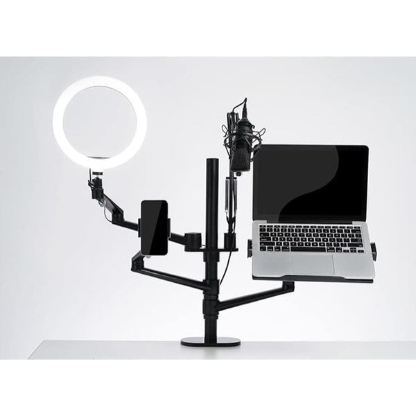 WERGON - Astra - Justerbar 5-i-1 holder med LED ringlys - Til Laptop/tablet/smartphone 4-17" + en Monitor skærm Max 32" - Sølv
