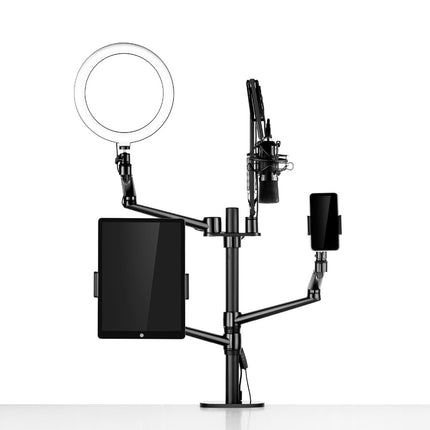 WERGON - Astra - Justerbar 5-i-1 holder med LED ringlys - Til Laptop/tablet/smartphone 4-17" + en Monitor skærm Max 32" - Sølv