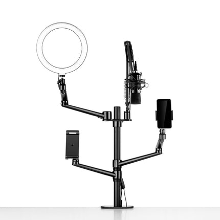 WERGON - Astra - Justerbar 5-i-1 holder med LED ringlys - Til Laptop/tablet/smartphone 4-17" + en Monitor skærm Max 32" - Sølv