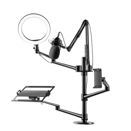 WERGON - Astra - Justerbar 5-i-1 holder med LED ringlys - Til Laptop/tablet/smartphone 4-17" + en Monitor skærm Max 32" - Sølv