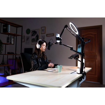 WERGON - Astra - Justerbar 5-i-1 holder med LED ringlys - Til Laptop/tablet/smartphone 4-17" + en Monitor skærm Max 32" - Sølv