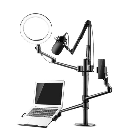 WERGON - Astra - Justerbar 5-i-1 holder med LED ringlys - Til Laptop/tablet/smartphone 4-17" + en Monitor skærm Max 32" - Sølv