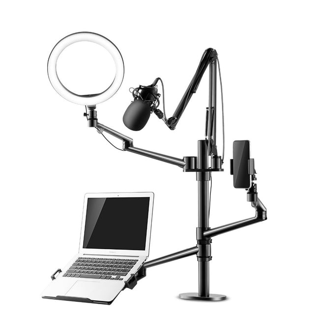 WERGON - Astra - Justerbar 5-i-1 holder med LED ringlys - Til Laptop/tablet/smartphone 4-17" + en Monitor skærm Max 32" - Sølv