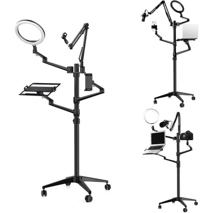 WERGON - Nova - Justerbar Alu 5-i-1 holder med hjul m/ LED ringlys - Til Laptop/tablet/smartphone 4-17" + en Monitor skærm Max 32" - Sølv