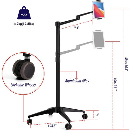 WERGON - Nova - Justerbar Alu 5-i-1 holder med hjul m/ LED ringlys - Til Laptop/tablet/smartphone 4-17" + en Monitor skærm Max 32" - Sølv