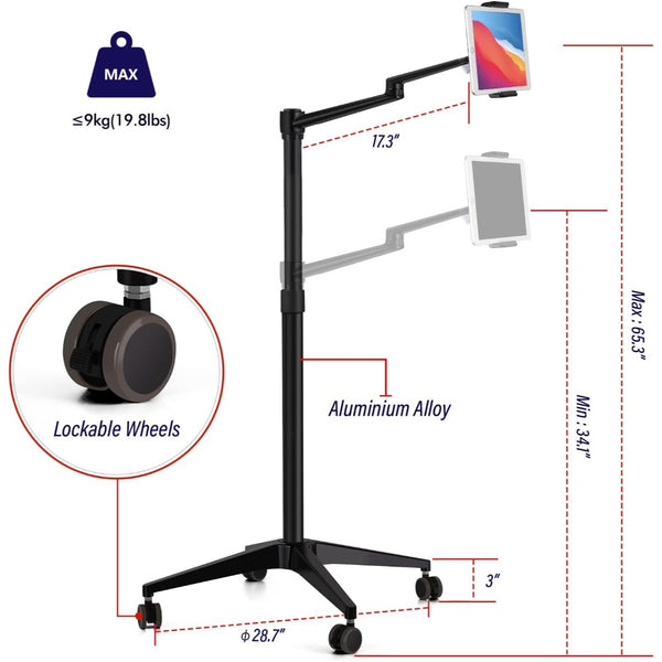 WERGON - Nova - Justerbar Alu 5-i-1 holder med hjul m/ LED ringlys - Til Laptop/tablet/smartphone 4-17" + en Monitor skærm Max 32" - Sølv
