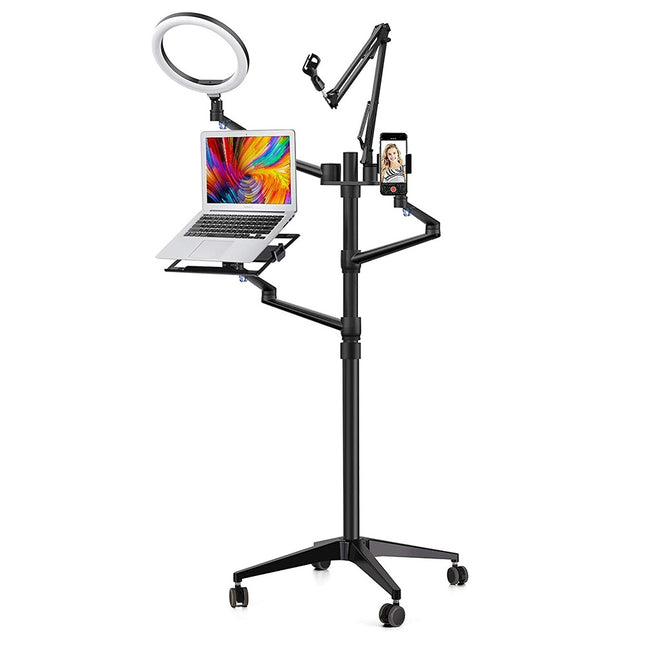 WERGON - Nova - Justerbar Alu 5-i-1 holder med hjul m/ LED ringlys - Til Laptop/tablet/smartphone 4-17" + en Monitor skærm Max 32" - Sølv