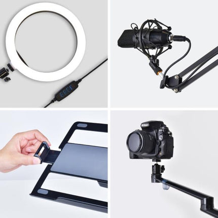 WERGON - Nova - Justerbar Alu 5-i-1 holder med hjul m/ LED ringlys - Til Laptop/tablet/smartphone 4-17" + en Monitor skærm Max 32" - Sølv