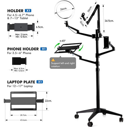 WERGON - Nova - Justerbar Alu 5-i-1 holder med hjul m/ LED ringlys - Til Laptop/tablet/smartphone 4-17" + en Monitor skærm Max 32" - Sølv