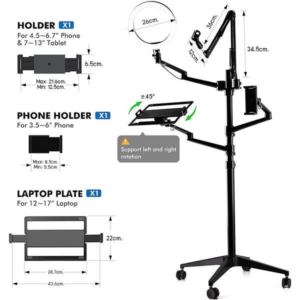 WERGON - Nova - Justerbar Alu 5-i-1 holder med hjul m/ LED ringlys - Til Laptop/tablet/smartphone 4-17" + en Monitor skærm Max 32" - Sølv