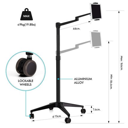 WERGON - Nova - Justerbar Alu 5-i-1 holder med hjul m/ LED ringlys - Til Laptop/tablet/smartphone 4-17" + en Monitor skærm Max 32" - Sølv