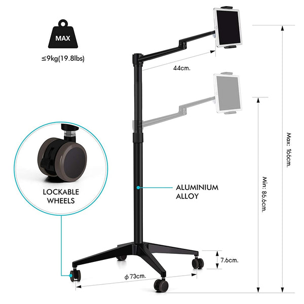 WERGON - Nova - Justerbar Alu 5-i-1 holder med hjul m/ LED ringlys - Til Laptop/tablet/smartphone 4-17" + en Monitor skærm Max 32" - Sølv