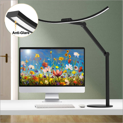 Kurvet Skrivebordslampe - Med svingarm og base - 1600 Lumen - Sort- Anti-glare
