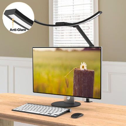 Kurvet Skrivebordslampe - Med svingarm og holder - 1600 Lumen - Sort- Med Anti-Glare