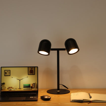 Minimalistisk Skrivebordslampe - Med Base & To lamper - Sort- Lyser ned på pc og bog