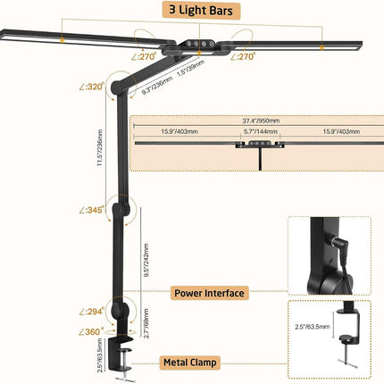 Skrivebordslampe - LED - Tranformerbar med svingarm og holder - 1600 Lumen - Sort- Teknisk